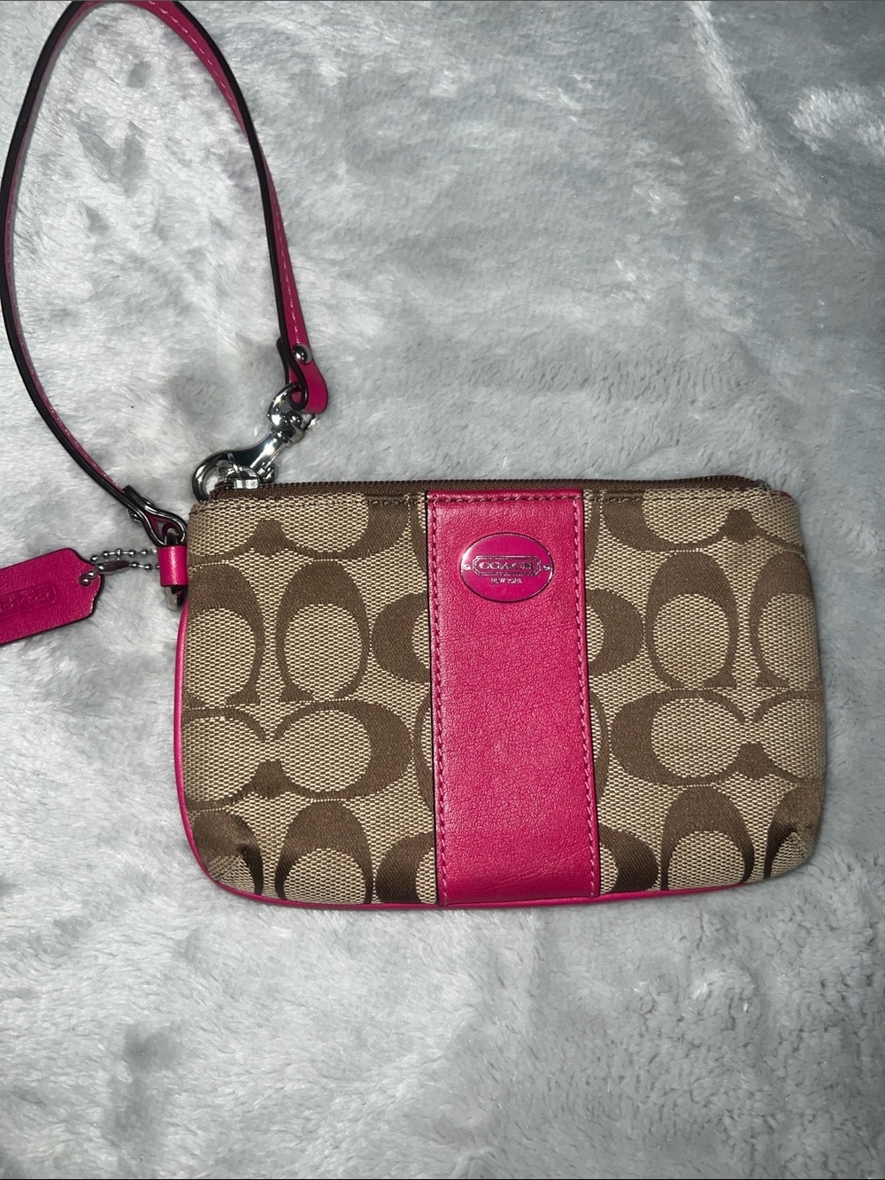 Coach Brown Signature Canvas Wristlet with Pink Trim & hangtag